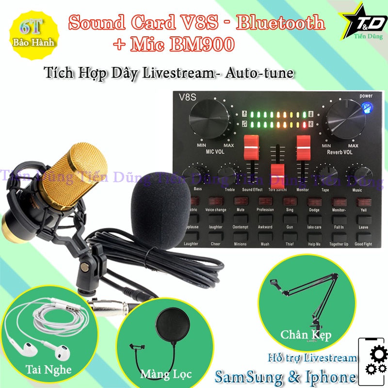 Bộ Mic Thu Âm BM900 Sound Card V8S Có Bluetooth, Pin, Chân Kẹp Màng Lọc Tai Nghe - Combo livestream v8s có auto-tune