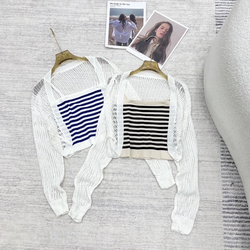 Set áo len 2 dây kẻ croptop kèm khoác len dệt kim siêu xinh