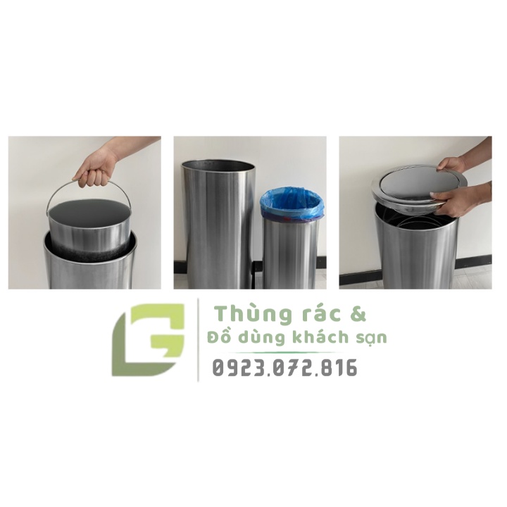 Thùng rác inox hình trụ nắp xoay - màu bạc / đen