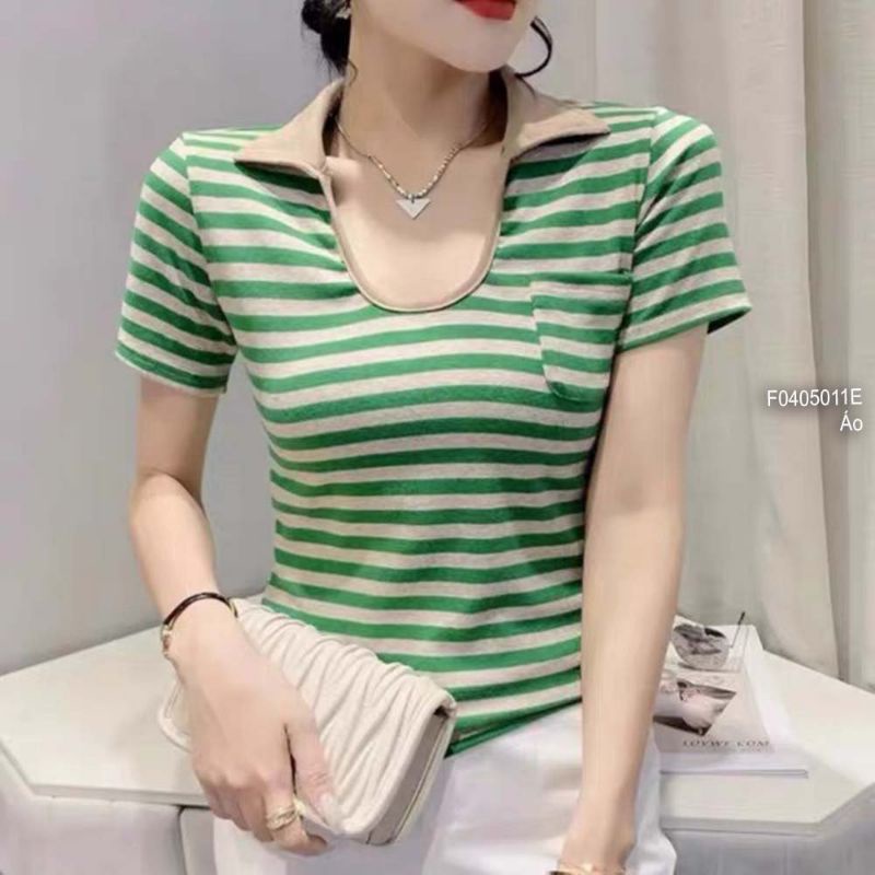 Áo len sọc cổ bẻ xẻ U một túi tay ngắn hàng Quảng Châu 0405