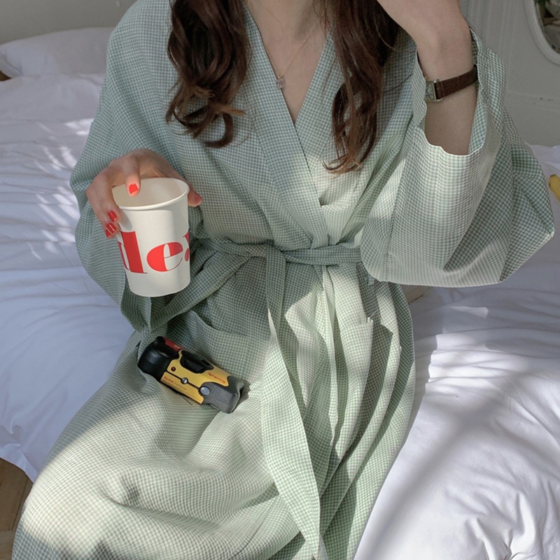 Áo Choàng Tắm Tay Dài Cổ Chữ V Có Túi Trước In Họa Tiết Kẻ Sọc Dáng Rộng Thời Trang Cho Nữ