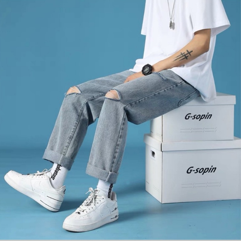 Quần jean nam baggy rách gối gấu màu xanh đen chất bò cao cấp cực đẹp jean trơn from dáng suông rộng