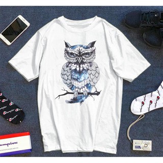 Áo thun Cotton Unisex - Owl Art - Chim cú mèo - Hoa văn cú màu xanh