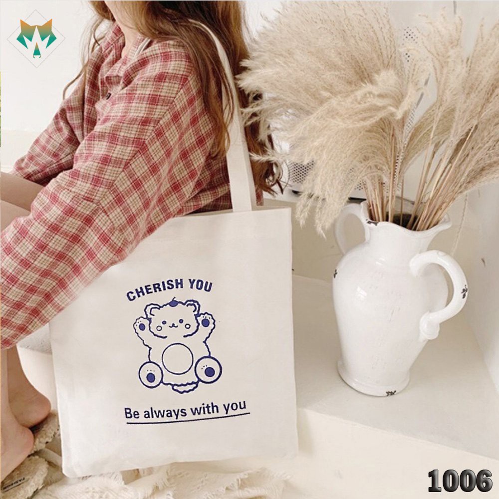 Túi Đeo Vai Tote Trắng Vải Canvas 1006 460 Gấu Cherish You Thời Trang Mùa Hè Siêu Hot