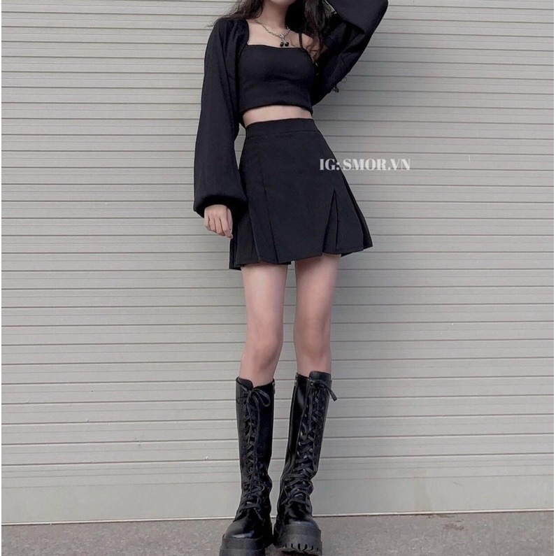 Set áo crop + áo khoác tay phồng