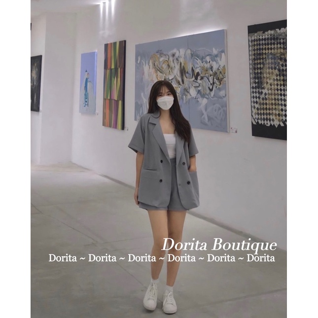 Set áo vest trơn basic cộc tay kèm quần short form oversize, Set áo Blazer kèm quần short Hàn Quốc