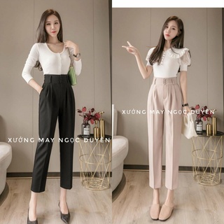 Quần baggy công sở dài cạp lưng cao bản to phối 3 cúc - Vải tuyết mưa Vitex màu đen ống đứng xếp 2 ly - Mặc đi làm học