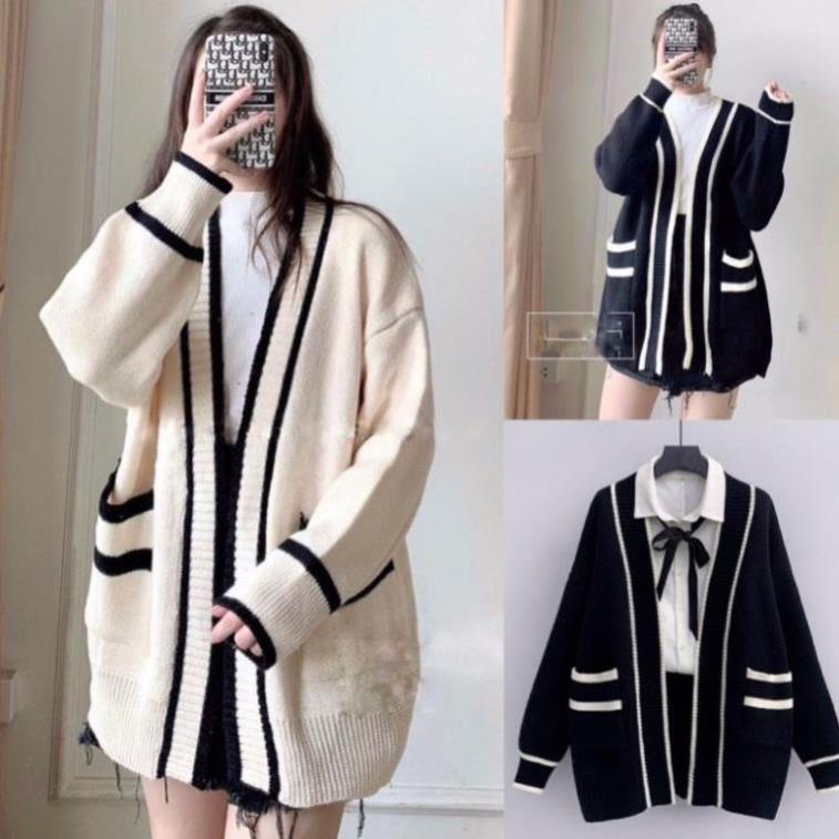 Áo khoác len cardigan LATO, Áo Cadigan Nữ Thu Đông Khoát Ngoài Viền Đen Trắng Hàng Quảng Châu Cao Cấp Đẹp