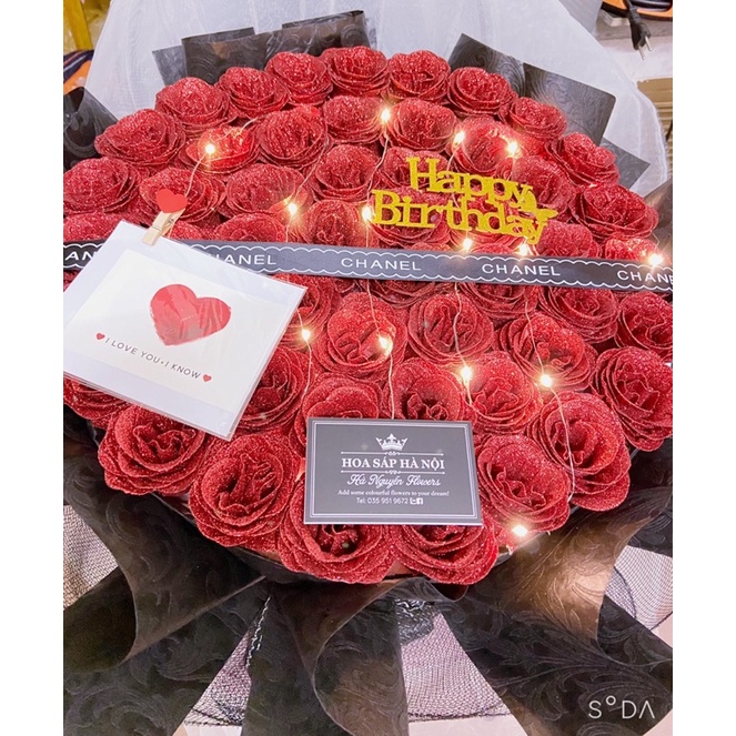 [Quà sinh nhật] Bó hoa hồng sáp nhũ 50 bông vĩnh cửu tặng kèm đèn nháy và thiệp ( nhận làm theo màu yêu cầu)
