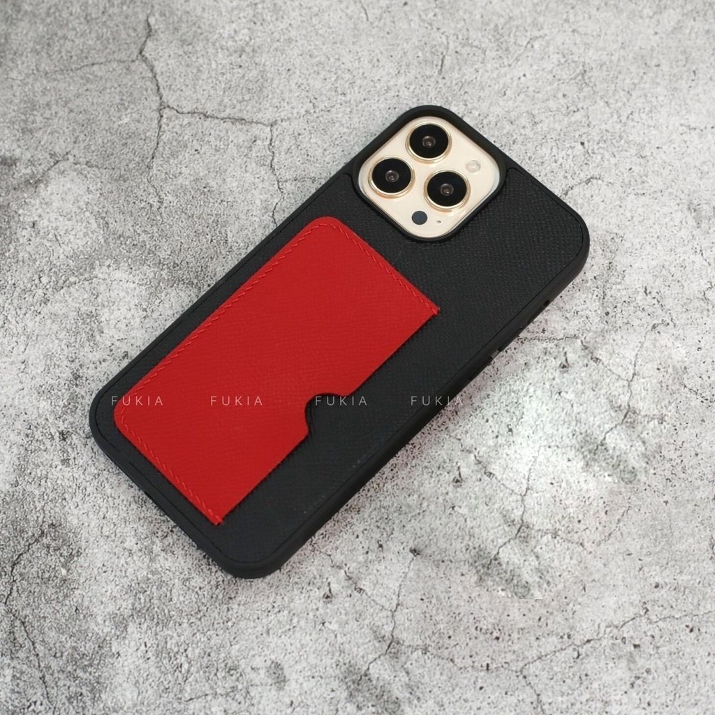 Ốp da thủ công viền đen khe thẻ ngang mix màu Epsom cho IPhone 14/14Plus/14Pro/14Promax/13/13Pro/13Promax/12prm ODTC141