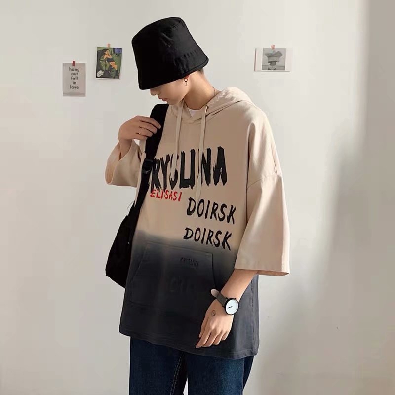 Áo hoodie tay ngắn dáng rộng phong cách Hàn Quốc thời trang cho nam | BigBuy360 - bigbuy360.vn