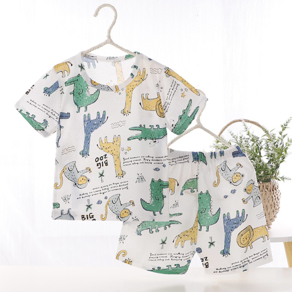 Bộ quần áo bé trai tay cộc chất liệu cotton sợi tre siêu mát in hình khủng long phong cách Hàn Quốc Rhino Kids