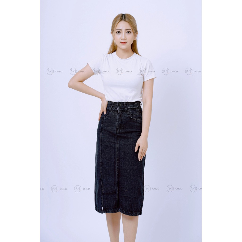 Chân váy suông dài xẻ tà cạp cao đen trơn phong cách Ulzzang Omeily | BigBuy360 - bigbuy360.vn