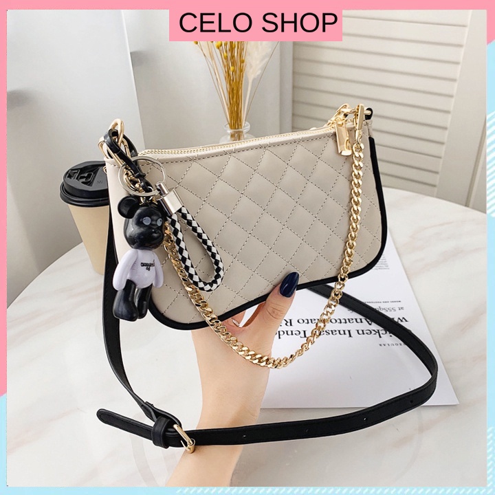 Túi xách nữ đeo chéo kẹp nách Celo Shop kèm móc gấu thời trang phối dây quai xích ngọc tiện ích