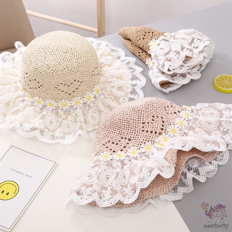 Nón tai bèo bằng rơm họa tiết hoa cúc đi biển mùa hè cho bé