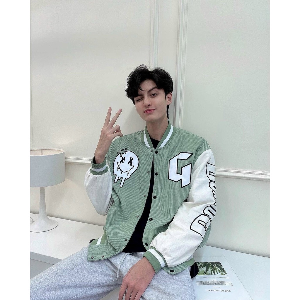 Áo Khoác Bomber Thêu Chữ G Chất Nhung Tăm Form Rộng Áo Varsity Jacket Phong Cách Unisex Ulzzang Nữ