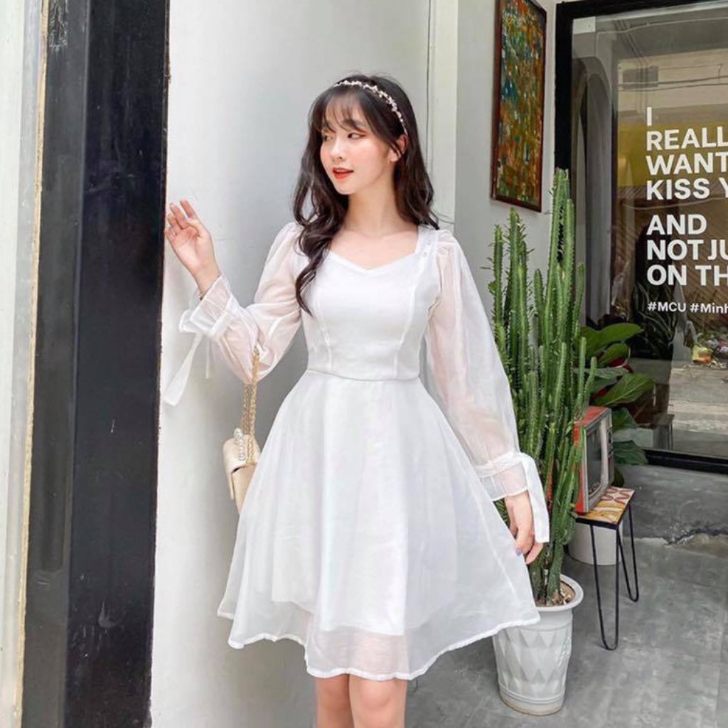 Đầm trắng dáng xòe cổ vuông phối nút bọc tay nơ [KÈM ẢNH THẬT] | BigBuy360 - bigbuy360.vn