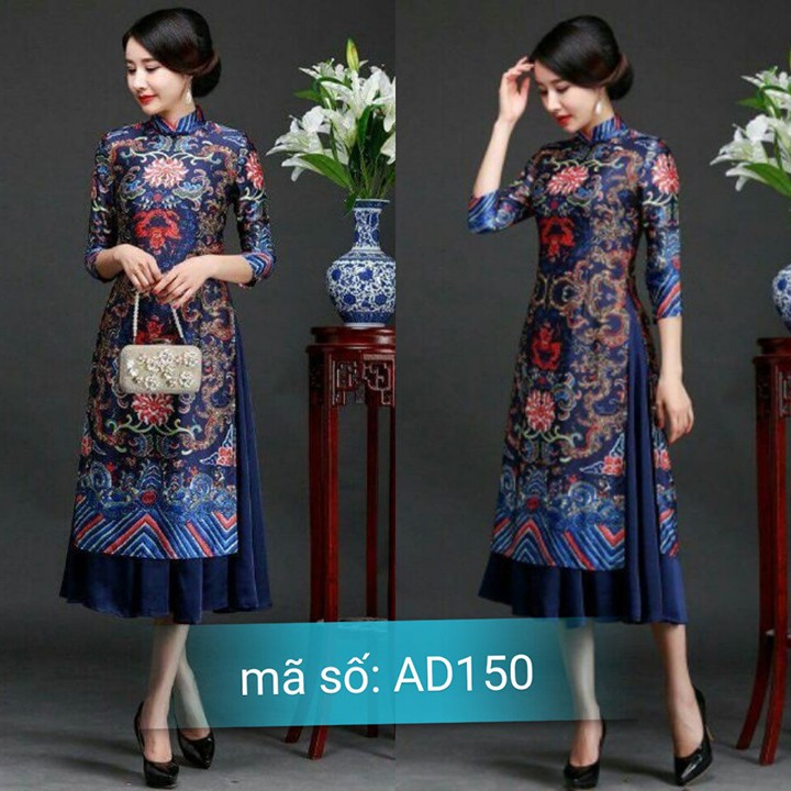 S Có size lớn 4XL Set Áo Dài Cách Tân CỔ TRỤ HỌA TIẾT THỔ CẨM nền xanh đen kèm váy FREE