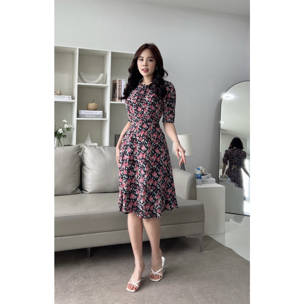 Đầm xòe hoa S&M cổ phối bèo thắt nơ cực xinh, có túi, giá rẻ - GR0231