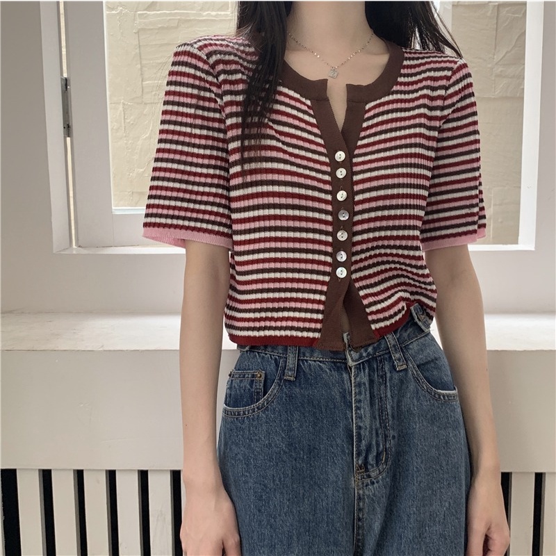 Áo cardigan ZHELIHANGFEI dệt kim tay ngắn kẻ sọc thiết kế trẻ trung cá tính cho nữ