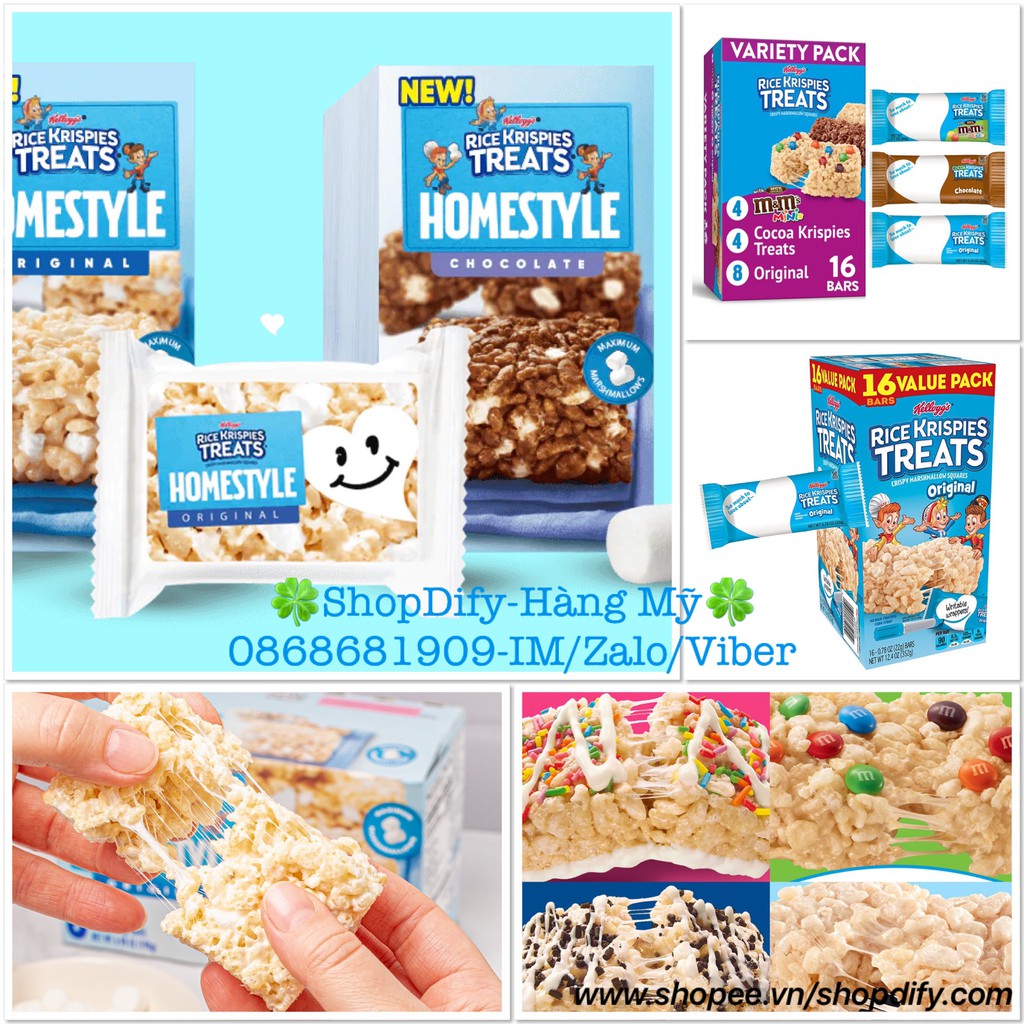 {Mới} Bánh cốm gạo giòn Kellogg's Rice Krispies Treats Crispy Marshmallow - Homestyle, Chocolate, M&amp;M, Cookies, Original