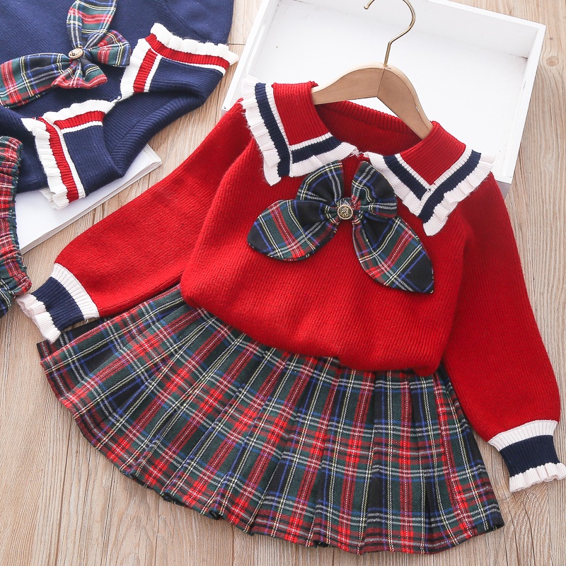 Chân Váy Len Xếp Ly Họa Tiết Sọc Caro Phong Cách Preppy Cho Bé Gái