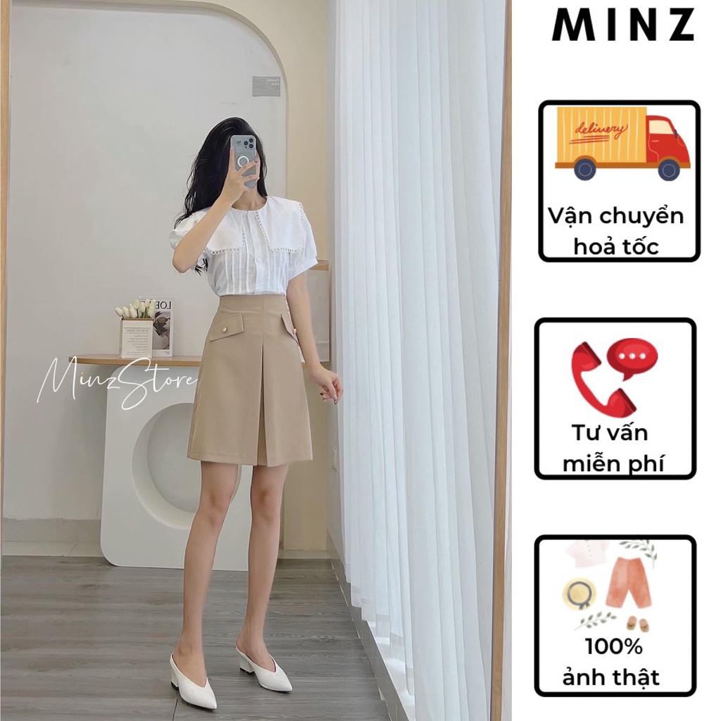 Chân Váy Công Sở Nữ MINZ STORE Mã 2924 Dáng A Dài 50cm, Thiết Kế Ly Đúp, 2 Nắp Túi