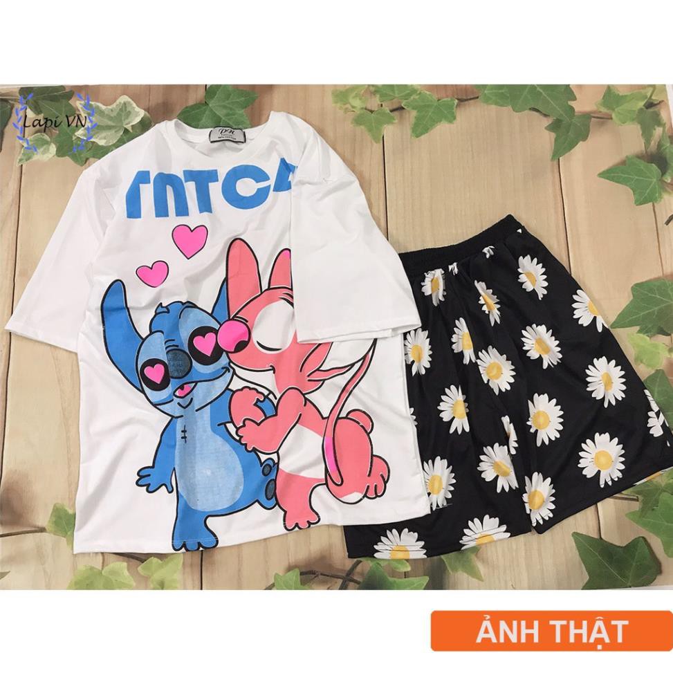 Set Đồ Bộ In Hình STITCH+ QUẦN cartoon HOA CÚC 3D Cute DB29 -Lapi VN Áo+ Quần Đùi Vải Thun Cotton Thoáng Mát, Freesize