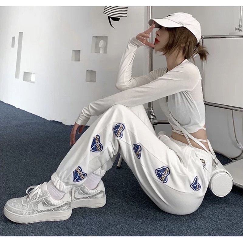 Quần jogger tim xanh UnisexFREESHIPChất nỉ ép ngoại dầy đẹp, from ống rộng, chun ống