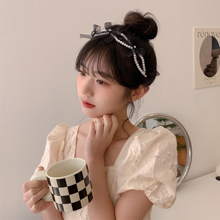 Korean Mesh Bow Beaded Headband Girls Sweet Crystal Hair Band Hair Accessories