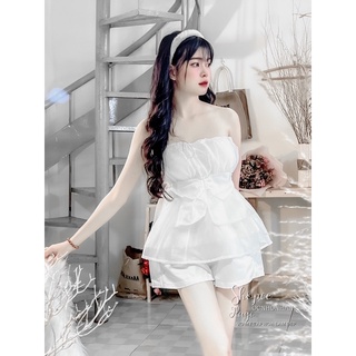 Set áo cúp ngực cột nơ phối quần short tafta