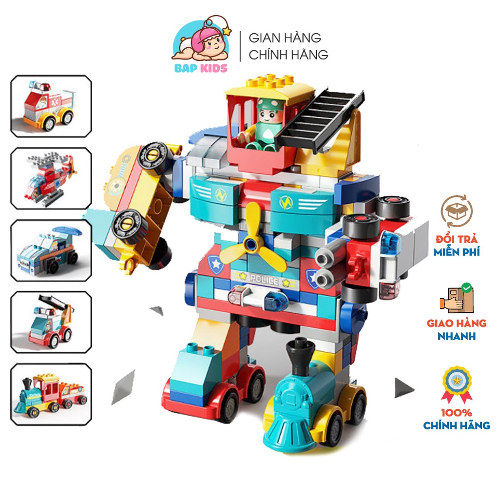 Đồ chơi Lego BAPKIDS 195 chi tiết lắp ghép người máy biến hình ô tô, tàu hỏa, máy bay