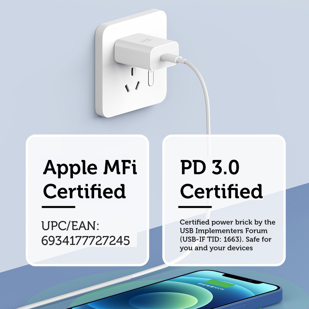 Bộ sạc ZMI Apple MFi HA716 PD3.0 20W Charger [sạc nhanh USB-C to MFi dây cáp điện]