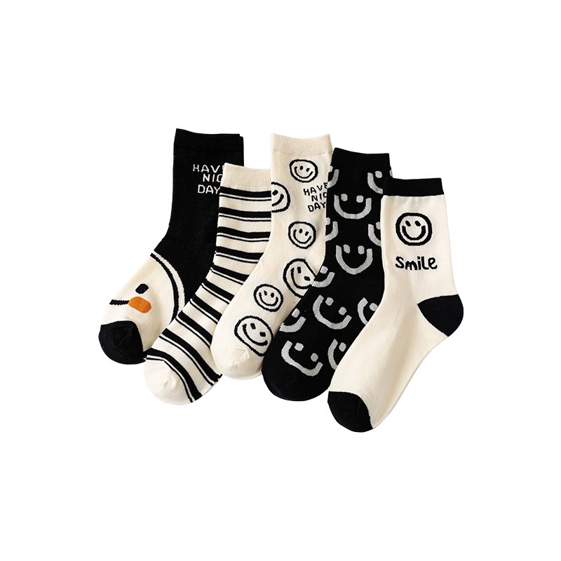 Vớ WAFNHA D198 vải cotton màu đen in hình mặt cười thời trang unisex