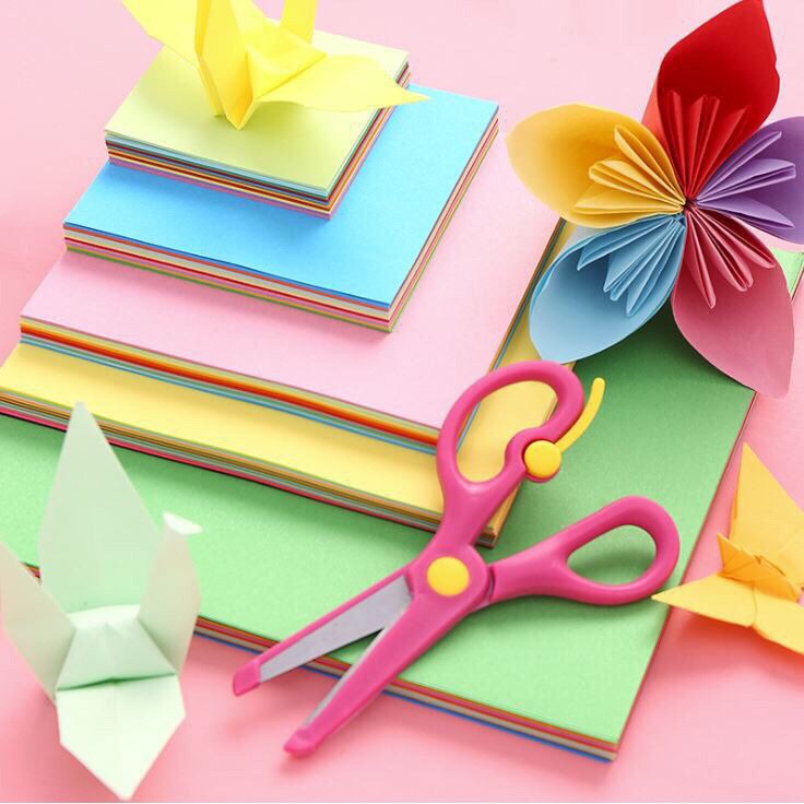 Tệp 100 tờ giấy gấp Origami, giấy thủ công gấp hạc hoa ( 10 màu tổng 100 tờ) nhiều kích thước