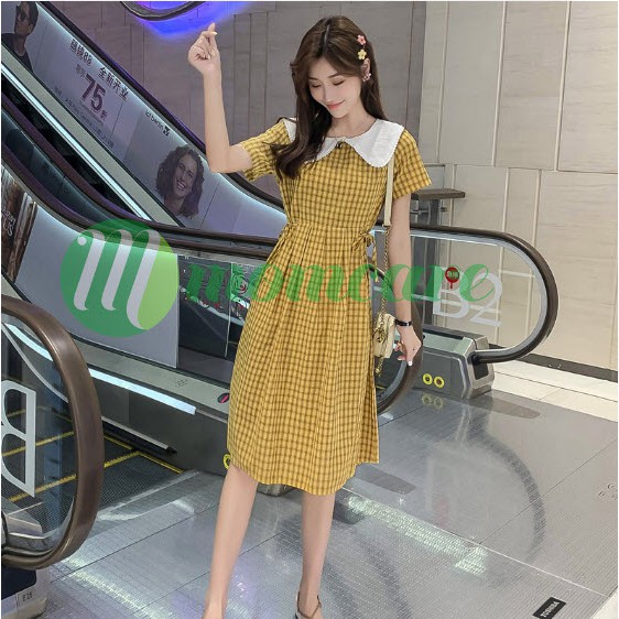 Đầm bầu công sở đẹp CỔ BÈO KẺ VÀNG - Váy bầu xinh dự tiệc thời trang mùa hè ẢNH THẬT - Đồ bầu giá rẻ Bigsize