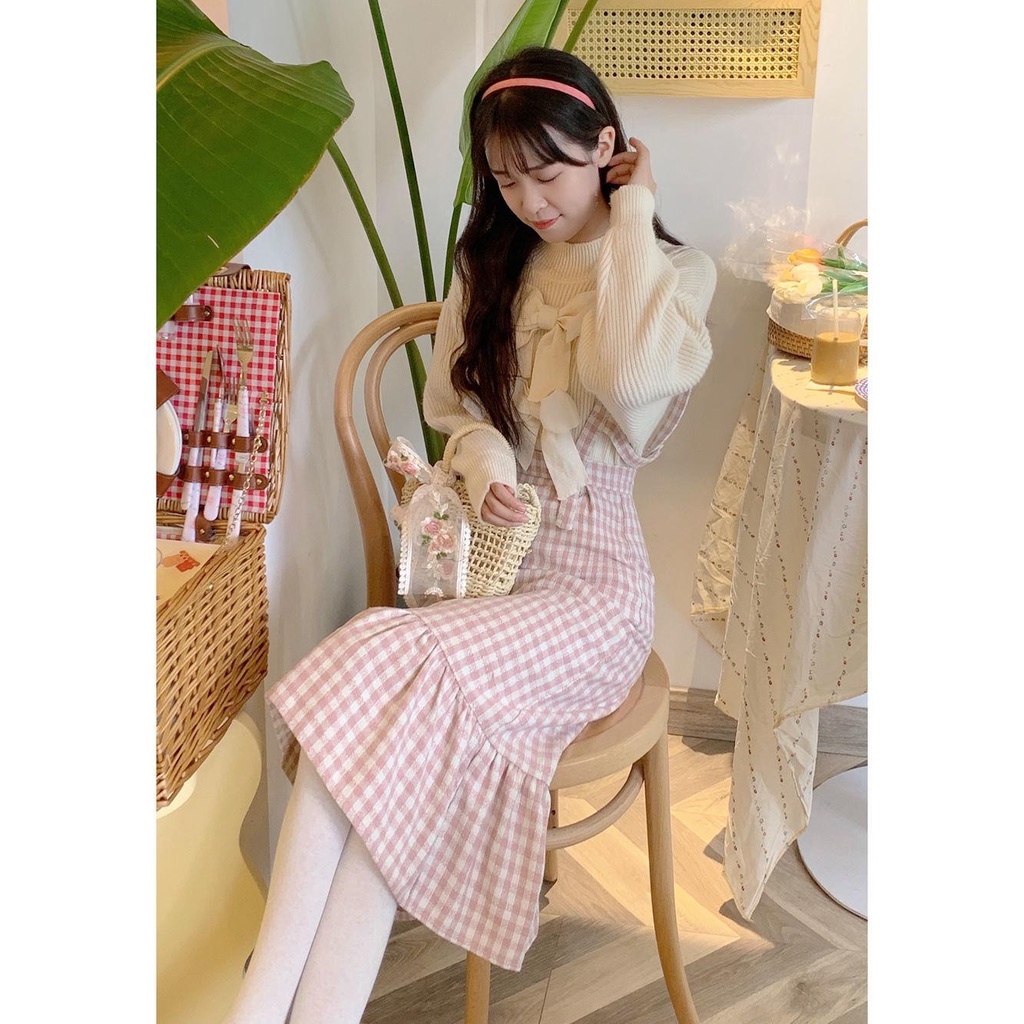 Bộ Áo sweater Dáng Rộng + Chân Váy Yếm Xinh Xắn Theo Phong Cách Thu Đông Dễ Thương