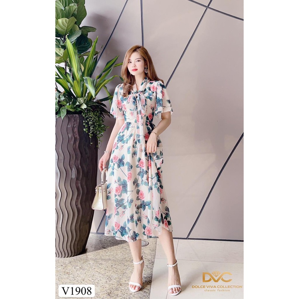 VÁY XÒE HOA HỒNG CỔ NƠ ĐẸP KIỂU DIỄM NỮ DK130 | BigBuy360 - bigbuy360.vn