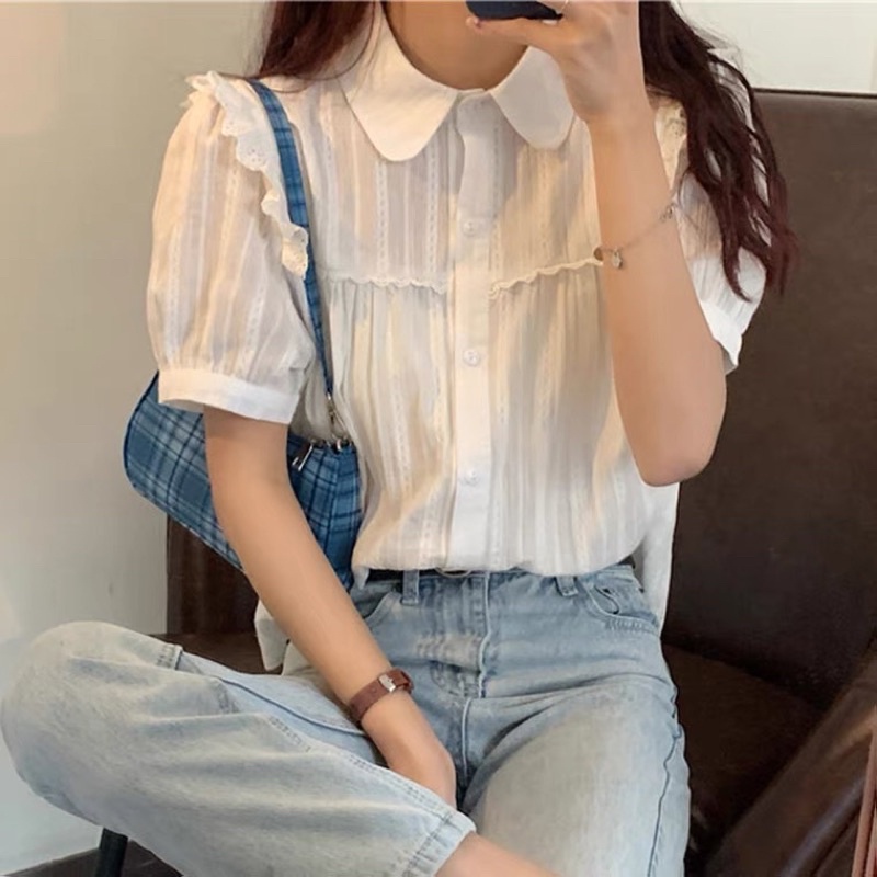 Áo sơ mi tay phồng ngắn Chiffon CHOEBYH kiểu vintage trơn chất mát