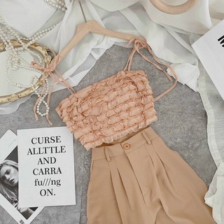Set áo nude bèo + quần suông kem