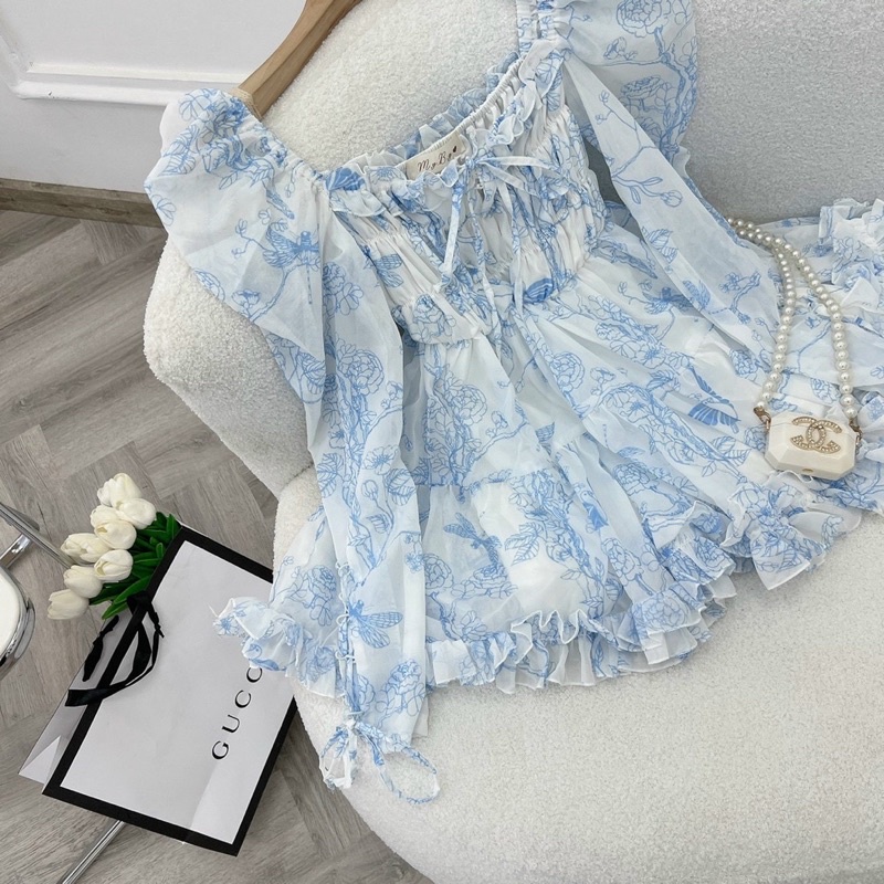 Đầm Hoa Xanh Bo Thun Ngực Thắt Nơ 🦋FREESHIP🦋