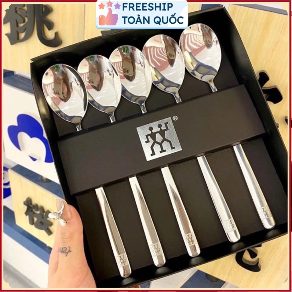 Set 5 thìa inox STAINLESS STEEL bóng mượt bền đẹp kèm hộp đựng . .