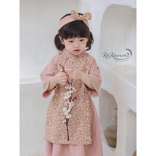 Set bộ áo dài bé gái Mai Đào, Áo dài nhung tăm họa tiết hoa AD137 Kakummi