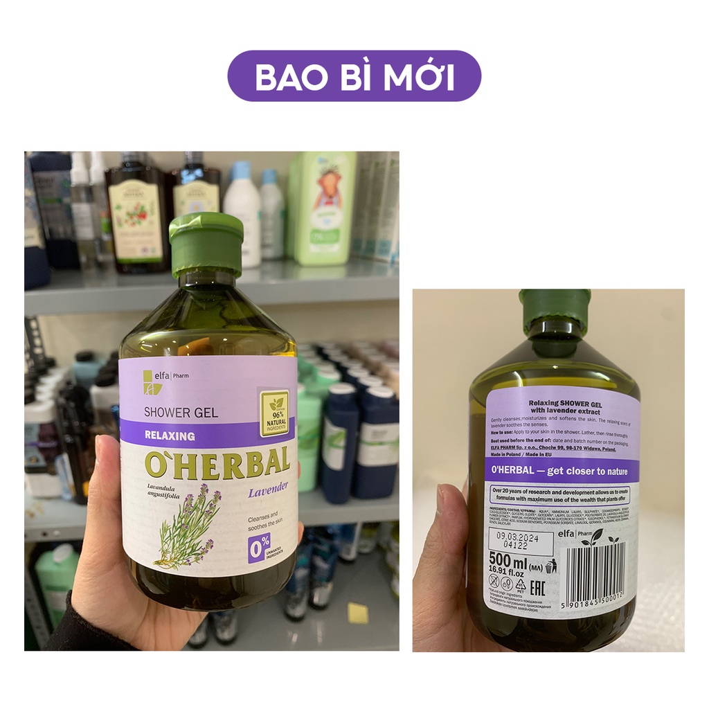 Sữa tắm dưỡng da O'herbal chiết xuất Lavender 500ml - BioTopcare Official