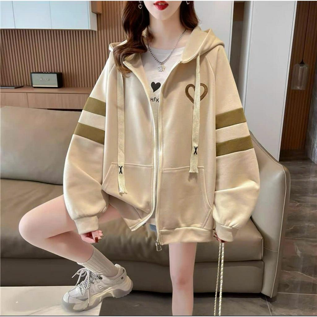 Áo Khoác Nỉ Nữ gkm fashion 68 Chất Ngoại Khóa Kéo Sọc Tay Logo Thêu Tim Độc Lạ New UM Bao Đẹp Hàng Mới