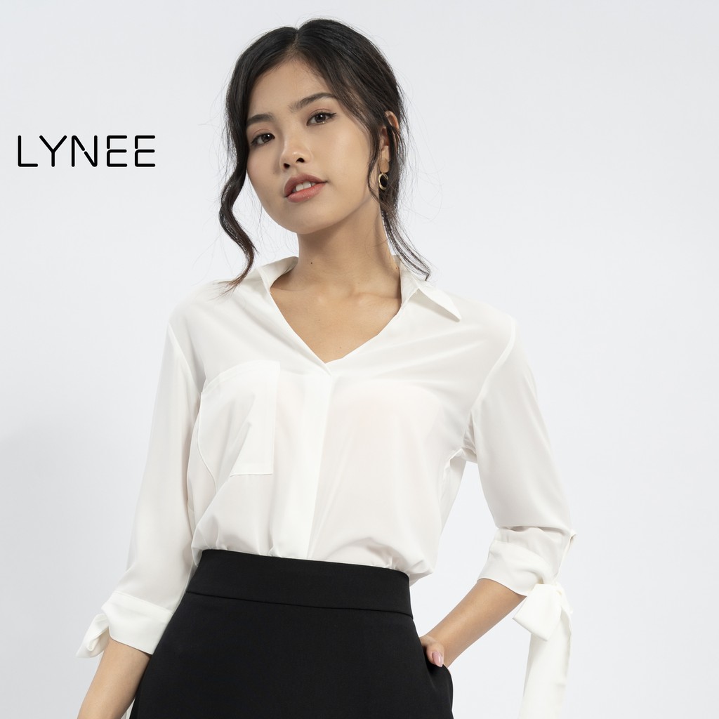 Áo sơ mi nữ tay dài thắt nơ LYNEE hàng thiết kế phối túi trước ngực thanh lịch, vải tơ nhung cao cấp A10
