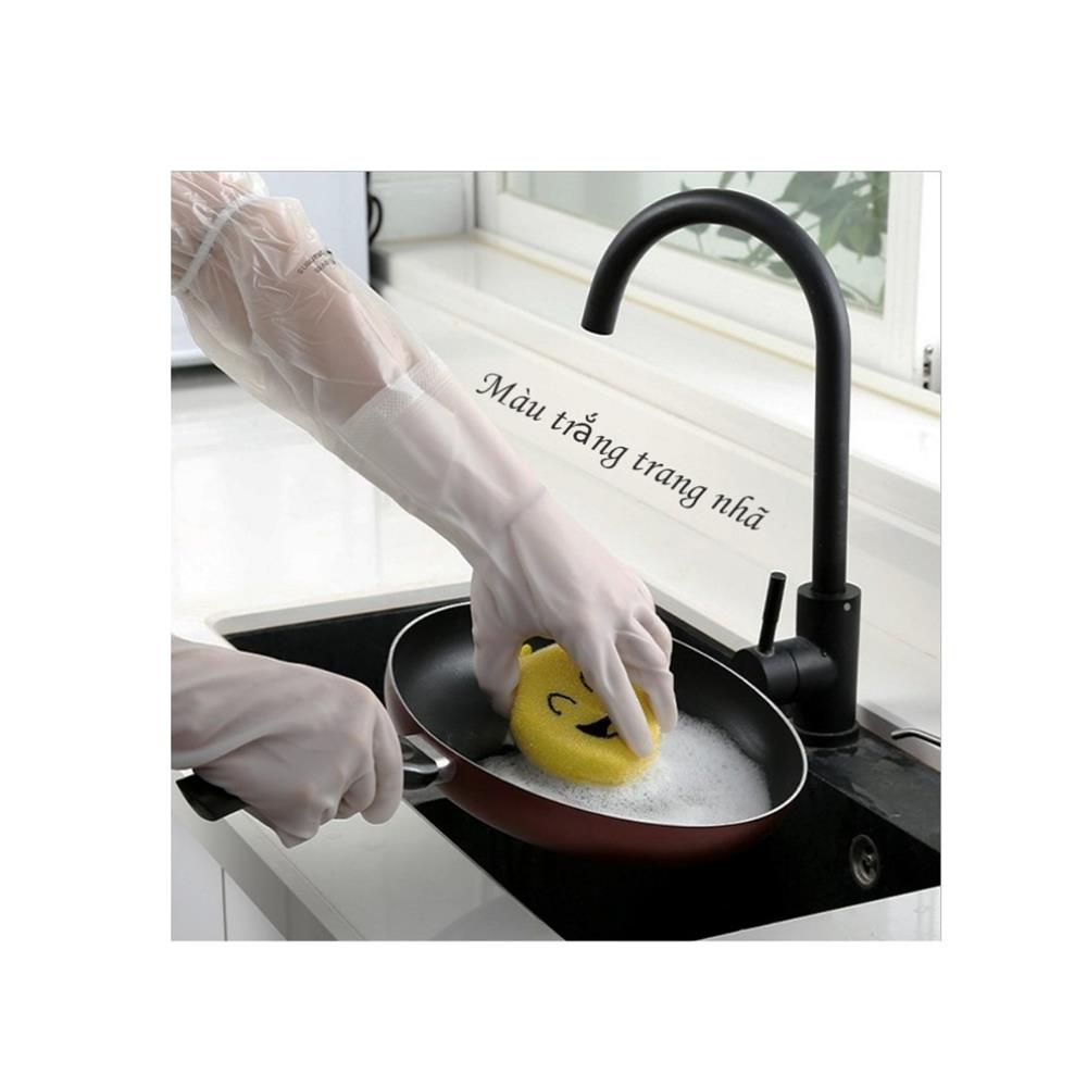 Găng tay cao su lót nỉ chống lạnh tay ống dài có đai thít kín rửa bát vệ sinh nhà cửa mã 70039