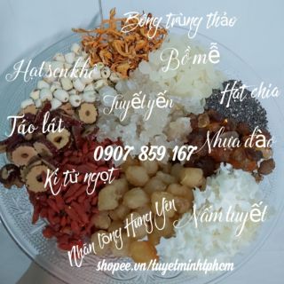 SET NGUYÊN LIỆU CHÈ DƯỠNG NHAN: Tuyết yến, Bồ mễ, Nhựa đào, Kỳ tử.... ( 4 người ăn ); Sét sâm bổ lượng. Date luôn mới