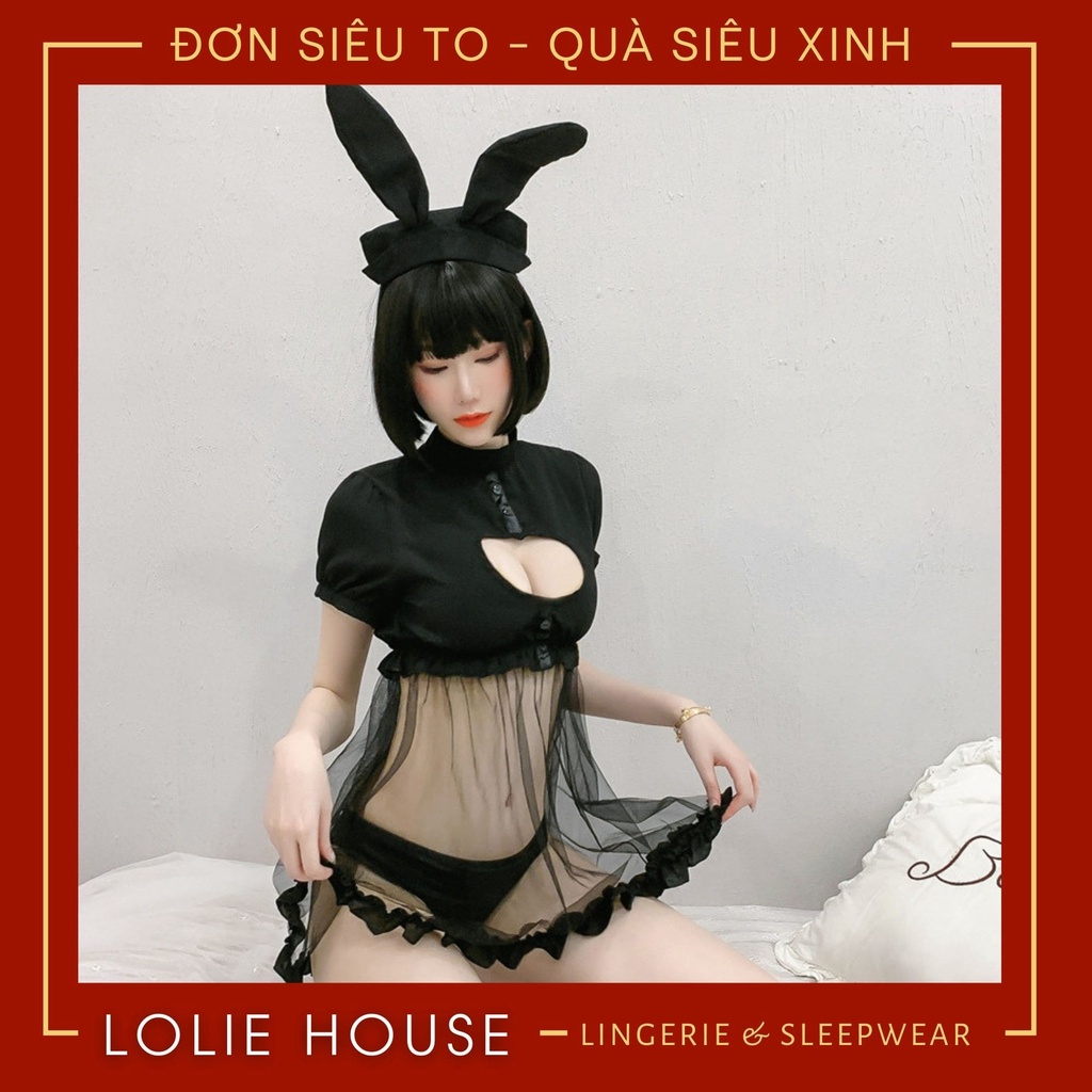 Cosplay thỏ sexy dáng váy đầm ngủ xuyên thấu có quần lót cục bông bờm tai thỏ  LOLIE HOUSE - CP50