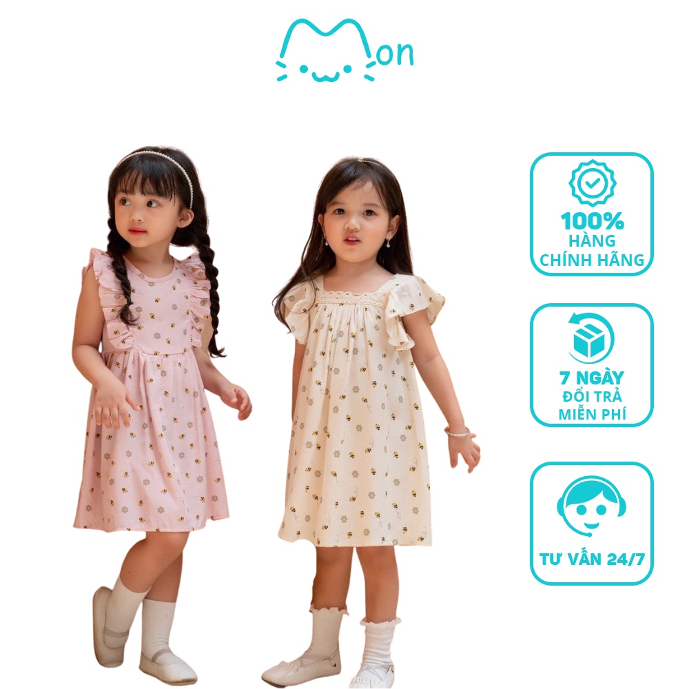 Đầm cho bé gái 1-6 tuổi MonBabies VL80 chất đũi tằm họa tiết ong nhí màu hồng dáng xòe nhẹ phối bèo xinh xắn